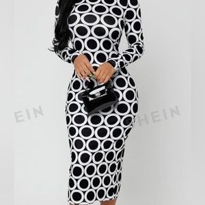 Mock Neck Slit Back Polka Dot Dress